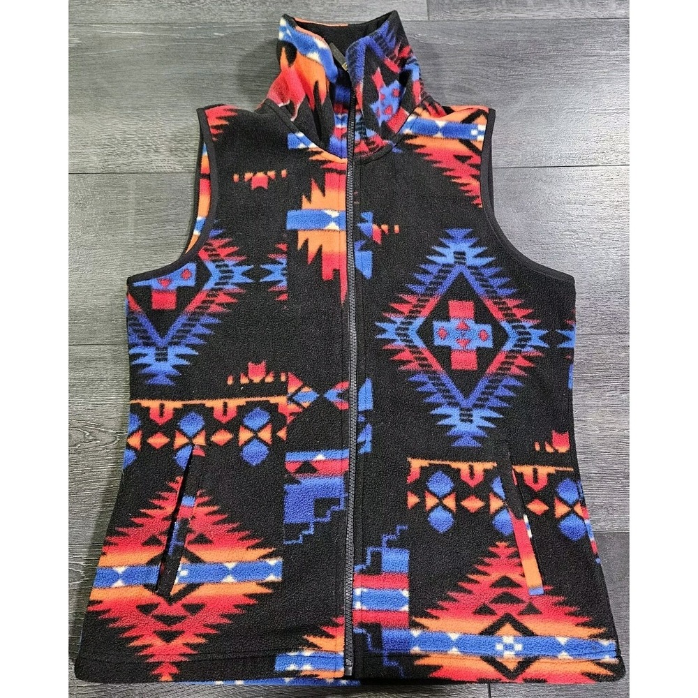 Chaps Denim Fleece Vest Women M Black Aztec Western‎ Full Zip Cowgirl Southwest